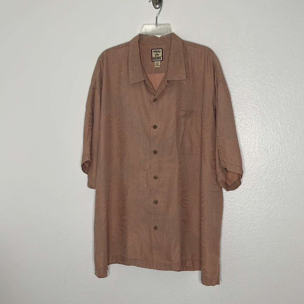 TOMMY BAHAMA Men' s Pink Leaves Short Sleeve 100% Silk Button Shirt Sz XXL 2XL